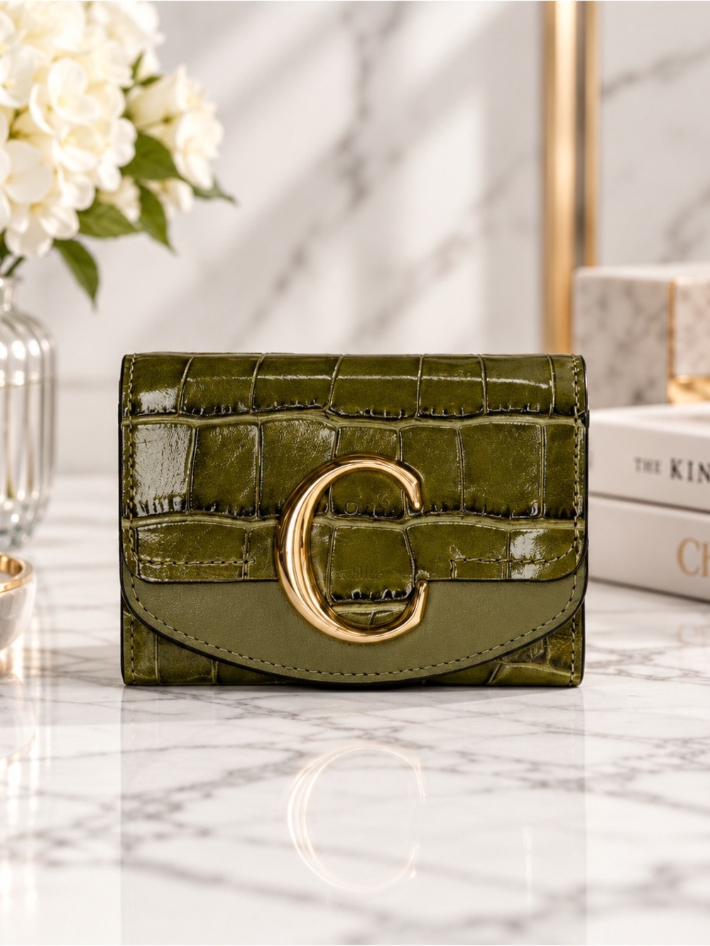 Chloé Croc Embossed Compact Trifold Wallet Olive Green With Gold Hardware